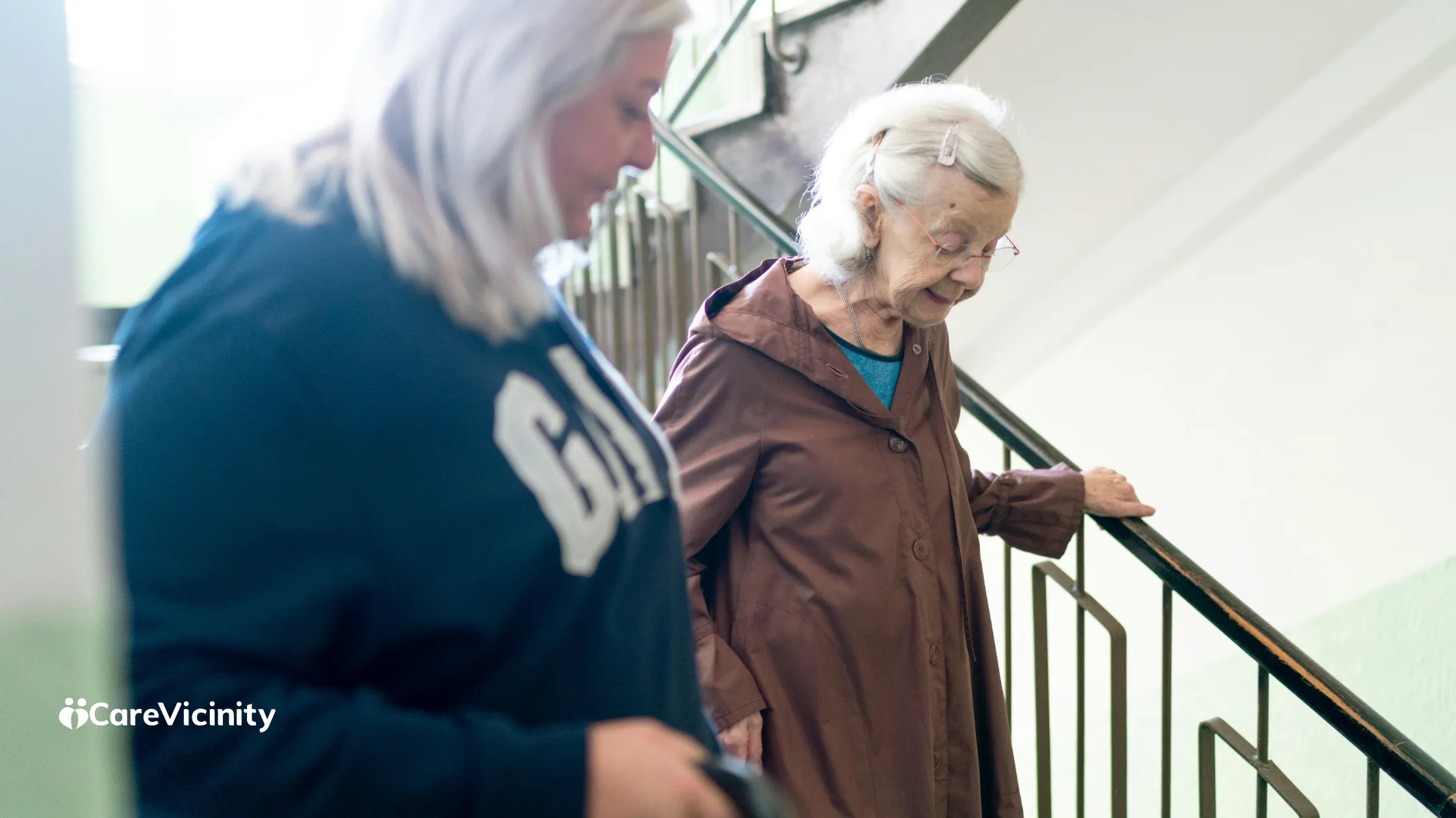 Support worker helping an older woman down a staircase at home